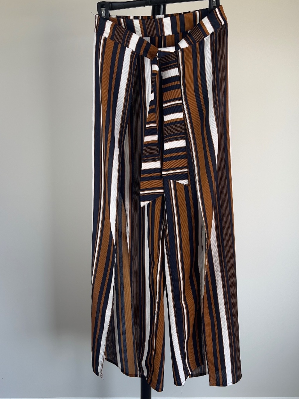 FAVLUX Striped High Slit Wide Leg Palazzo Wrap Pants Brown Retro Boho Small S